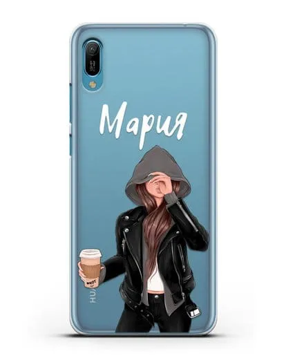 Именной чехол Девушка в худи с кофе силиконовый для Huawei Y6 2019