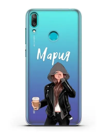 Именной чехол Девушка в худи с кофе силиконовый для Huawei Y7 2019