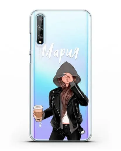 Именной чехол Девушка в худи с кофе силиконовый для Huawei Y8P