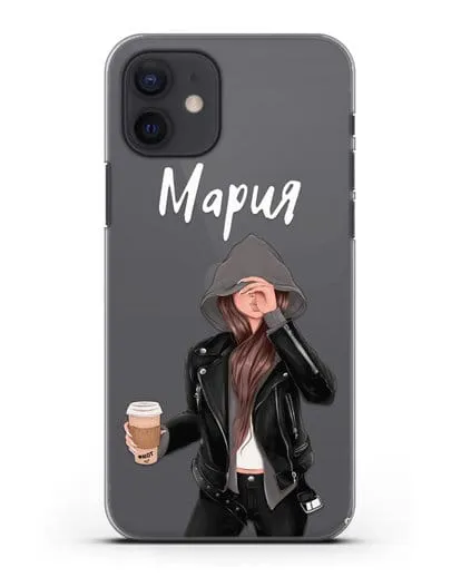 Именной чехол Девушка в худи с кофе силиконовый для iPhone 12