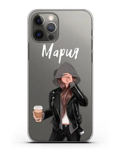 Именной чехол Девушка в худи с кофе силиконовый для iPhone 12 Pro