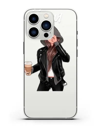 Именной чехол Девушка в худи с кофе силиконовый для iPhone 13 Pro