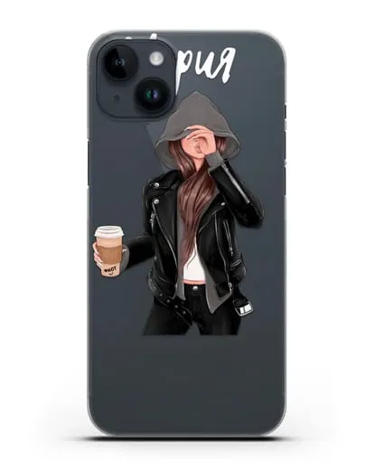 Именной чехол Девушка в худи с кофе силиконовый для iPhone 14 Plus