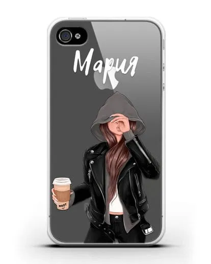 Именной чехол Девушка в худи с кофе силиконовый для iPhone 4/4s