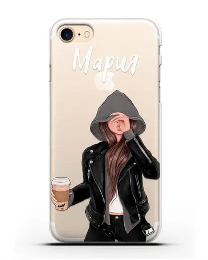 Именной чехол Девушка в худи с кофе силиконовый для iPhone 7