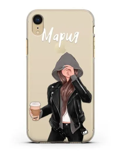 Именной чехол Девушка в худи с кофе силиконовый для iPhone XR