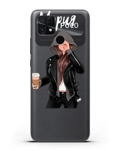 Именной чехол Девушка в худи с кофе силиконовый для Xiaomi Poco C40