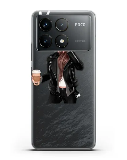 Именной чехол Девушка в худи с кофе силиконовый для Xiaomi Poco F6 Pro