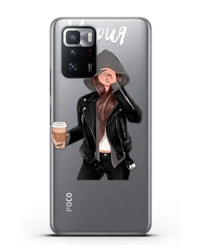 Именной чехол Девушка в худи с кофе силиконовый для Xiaomi Poco X3 GT