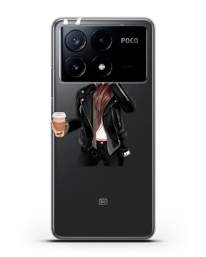 Именной чехол Девушка в худи с кофе силиконовый для Xiaomi Poco X6 Pro