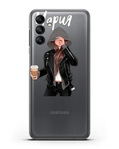 Именной чехол Девушка в худи с кофе силиконовый для Samsung Galaxy A04s [SM-A047]