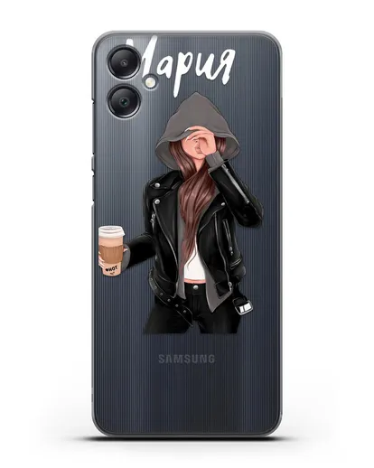 Именной чехол Девушка в худи с кофе силиконовый для Samsung Galaxy A05 [SM-A055]