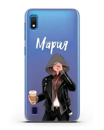 Именной чехол Девушка в худи с кофе силиконовый для Samsung Galaxy A10 [SM-A105F]