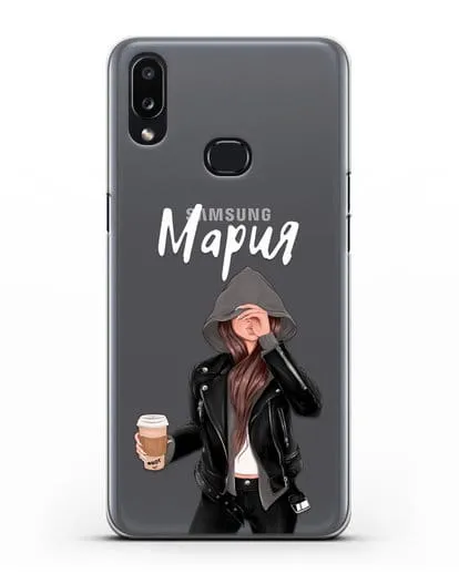 Именной чехол Девушка в худи с кофе силиконовый для Samsung Galaxy A10s [SM-F107F]