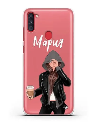 Именной чехол Девушка в худи с кофе силиконовый для Samsung Galaxy A11 [SM-A115F]