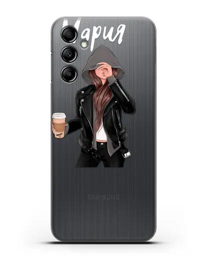 Именной чехол Девушка в худи с кофе силиконовый для Samsung Galaxy A14 [SM-A145]