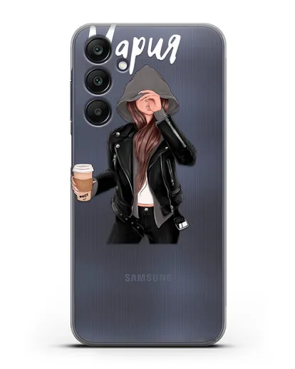 Именной чехол Девушка в худи с кофе силиконовый для Samsung Galaxy A15 [SM-A155]