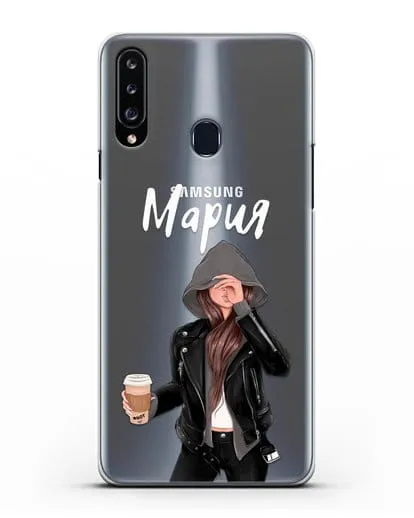 Именной чехол Девушка в худи с кофе силиконовый для Samsung Galaxy A20s [SM-A207FN]