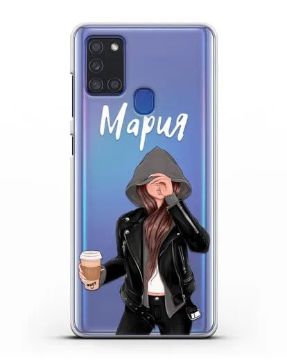 Именной чехол Девушка в худи с кофе силиконовый для Samsung Galaxy A21s [SM-A217F]