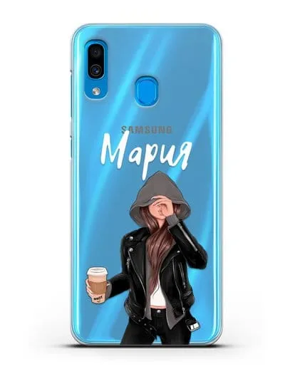 Именной чехол Девушка в худи с кофе силиконовый для Samsung Galaxy A30 [SM-A305FN]
