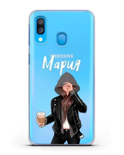 Именной чехол Девушка в худи с кофе силиконовый для Samsung Galaxy A40 [SM-A405F]