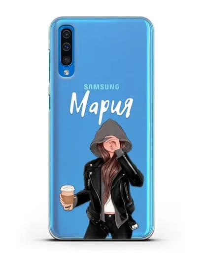Именной чехол Девушка в худи с кофе силиконовый для Samsung Galaxy A50