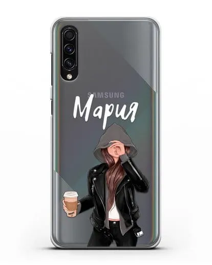 Именной чехол Девушка в худи с кофе силиконовый для Samsung Galaxy A50s [SM-F507FN]