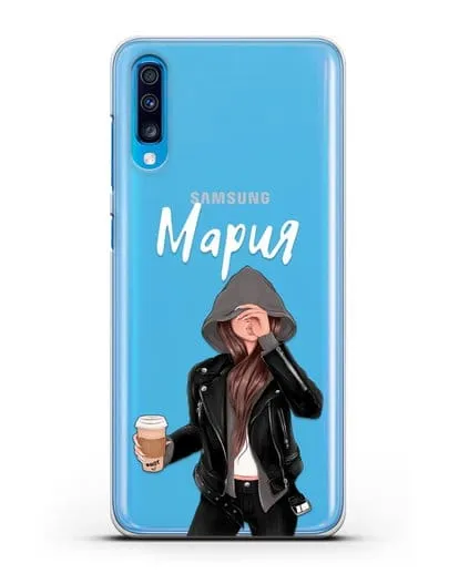Именной чехол Девушка в худи с кофе силиконовый для Samsung Galaxy A70 [SM-A705F]