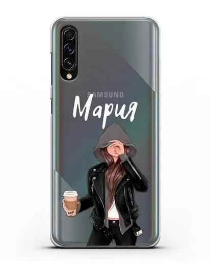 Именной чехол Девушка в худи с кофе силиконовый для Samsung Galaxy A70s [SM-A707F]
