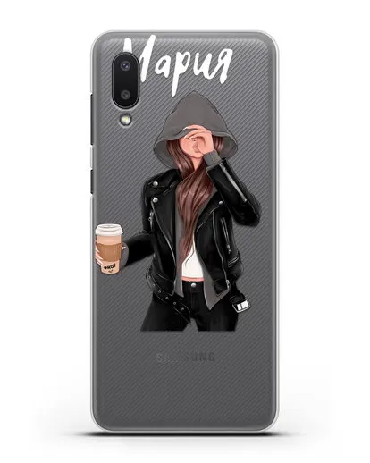 Именной чехол Девушка в худи с кофе силиконовый для Samsung Galaxy A02 [SM-A022G]