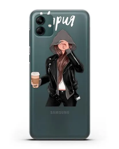 Именной чехол Девушка в худи с кофе силиконовый для Samsung Galaxy A04 [SM-A045F]
