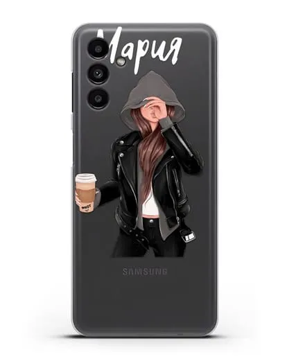 Именной чехол Девушка в худи с кофе силиконовый для Samsung Galaxy A13 5G [SM-A136]