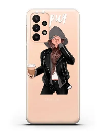 Именной чехол Девушка в худи с кофе силиконовый для Samsung Galaxy A23 [SM-A235F]