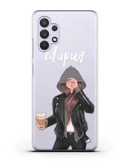 Именной чехол Девушка в худи с кофе силиконовый для Samsung Galaxy A32 4G [SM-A325F]