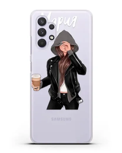 Именной чехол Девушка в худи с кофе силиконовый для Samsung Galaxy A33