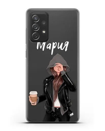 Именной чехол Девушка в худи с кофе силиконовый для Samsung Galaxy A72 [SM-A725F]