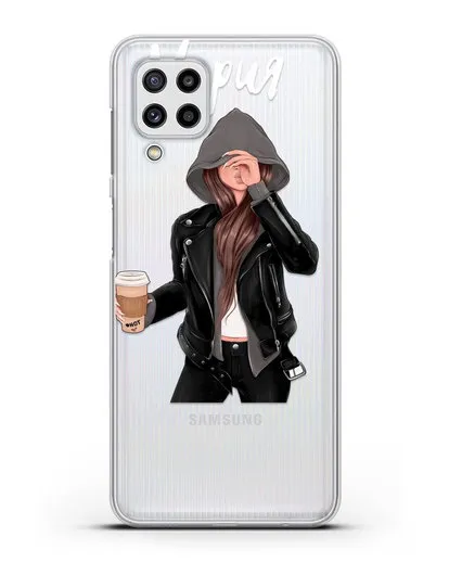 Именной чехол Девушка в худи с кофе силиконовый для Samsung Galaxy M32 [SM-M325F]