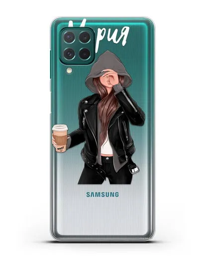 Именной чехол Девушка в худи с кофе силиконовый для Samsung Galaxy M62 [SM-M625F]
