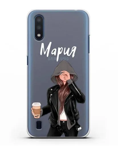 Именной чехол Девушка в худи с кофе силиконовый для Samsung Galaxy M01 [SM-M015F]