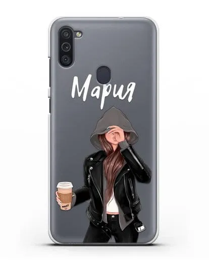 Именной чехол Девушка в худи с кофе силиконовый для Samsung Galaxy M11 [SM-M115F]