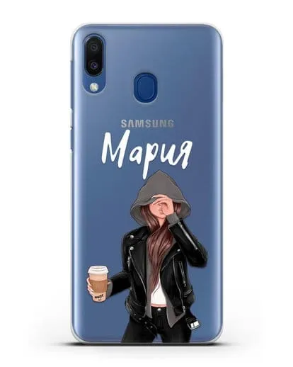 Именной чехол Девушка в худи с кофе силиконовый для Samsung Galaxy M20 [SM-M205F]
