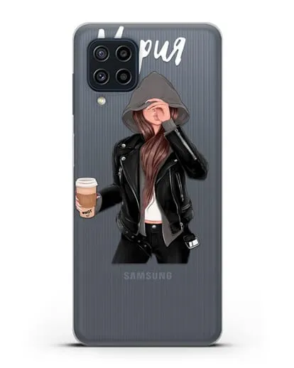 Именной чехол Девушка в худи с кофе силиконовый для Samsung Galaxy M22 [M225F]