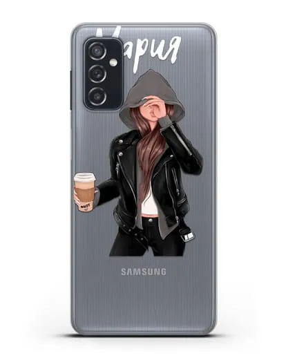 Именной чехол Девушка в худи с кофе силиконовый для Samsung Galaxy M52 [M526B]