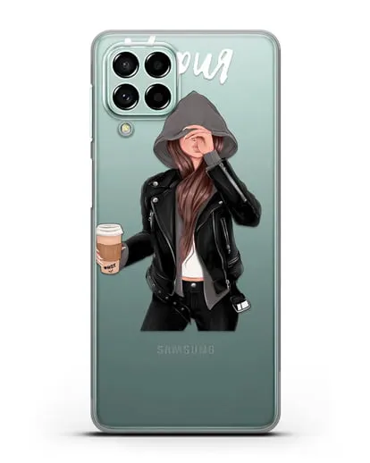 Именной чехол Девушка в худи с кофе силиконовый для Samsung Galaxy M53 [SM-M536]