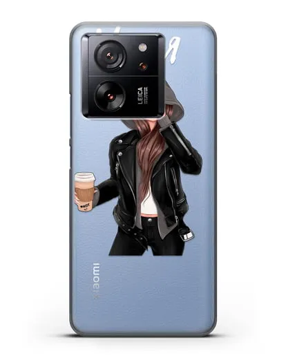 Именной чехол Девушка в худи с кофе силиконовый для Xiaomi 13T