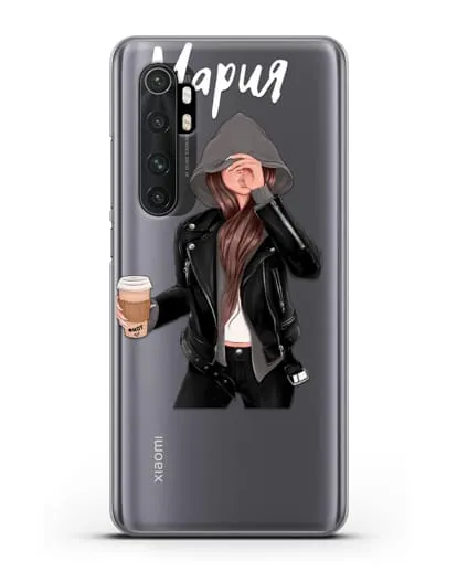 Именной чехол Девушка в худи с кофе силиконовый для Xiaomi Mi 10 Lite