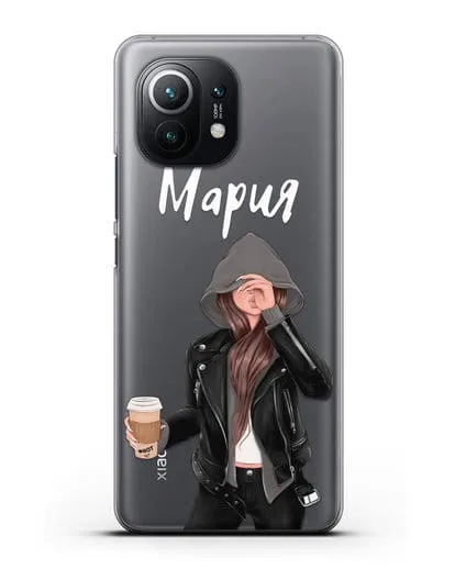 Именной чехол Девушка в худи с кофе силиконовый для Xiaomi Mi 11