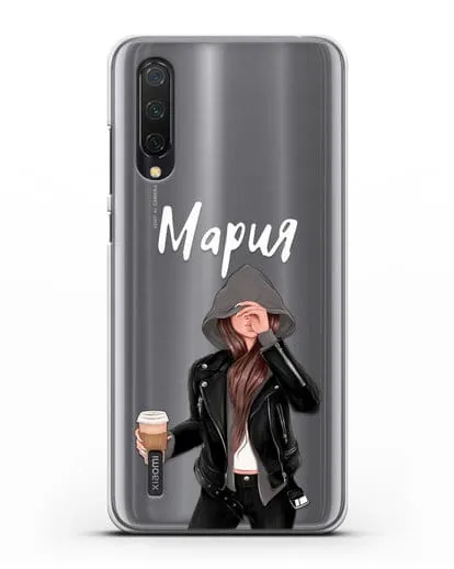 Именной чехол Девушка в худи с кофе силиконовый для Xiaomi Mi 9 Lite