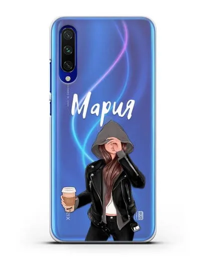 Именной чехол Девушка в худи с кофе силиконовый для Xiaomi Mi A3