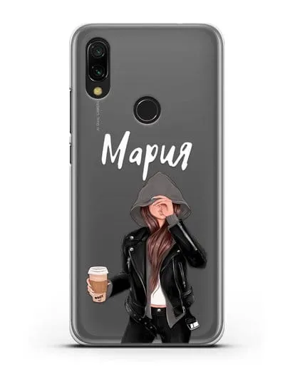 Именной чехол Девушка в худи с кофе силиконовый для Xiaomi Redmi 7